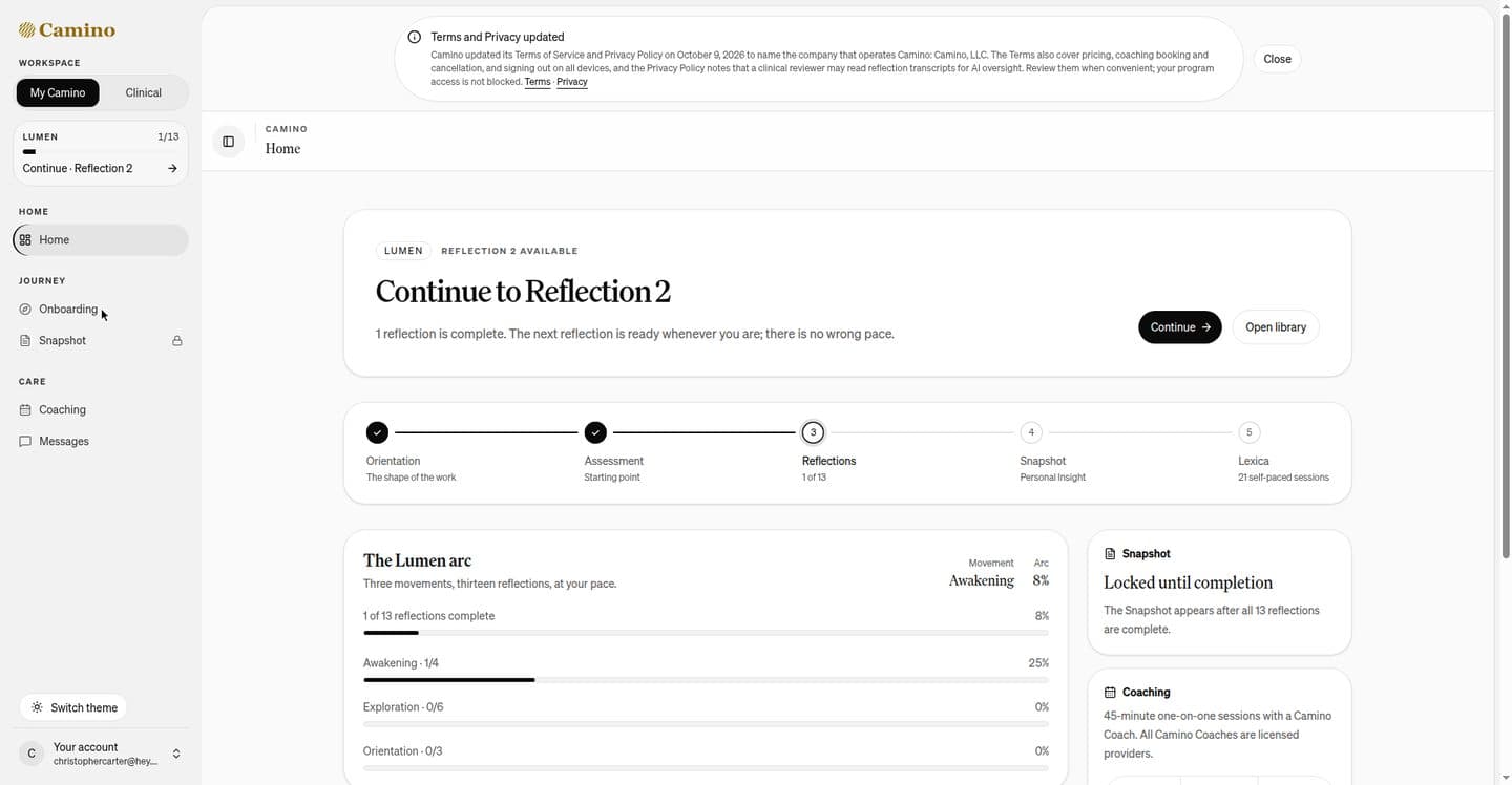 Camino app dashboard — Lumen arc progress, 5-step journey, reflection tracking