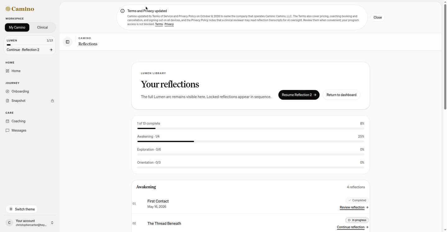 Camino reflections library — 13 guided reflections across 3 movements