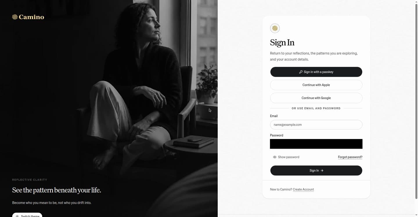 Camino app sign-in — passkey, Apple, Google, and email options