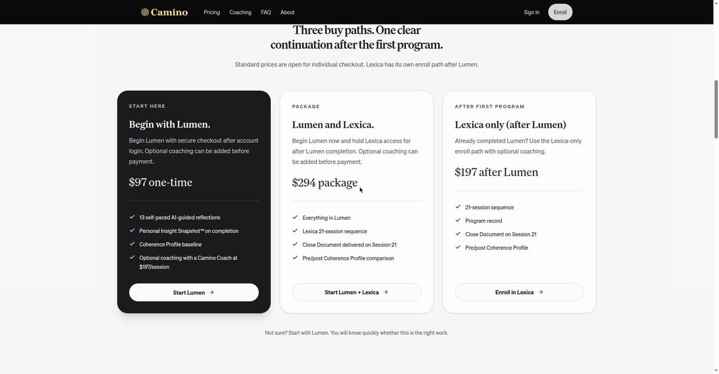 Camino enrollment options — Lumen $97, Lumen + Lexica $294, Lexica $197