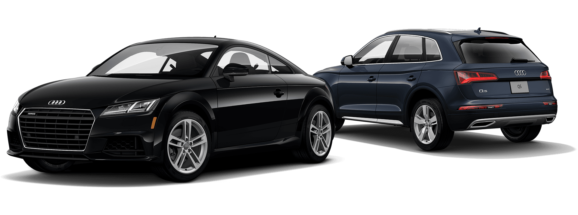 Audi TT coupe in black alongside a dark blue Q5 SUV, the Core Collection vehicles