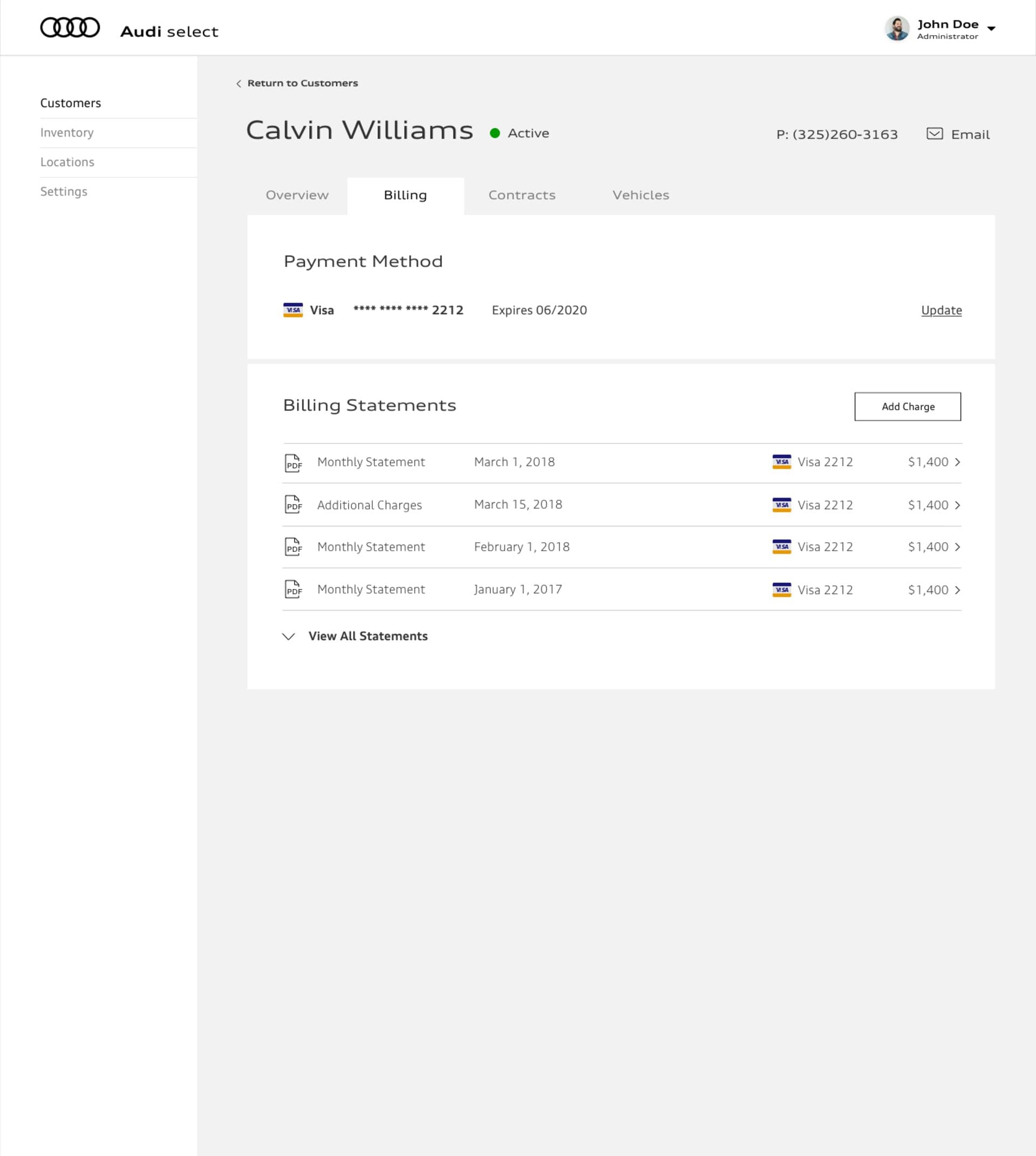 Customer portal, billing tab with payment method and monthly statements