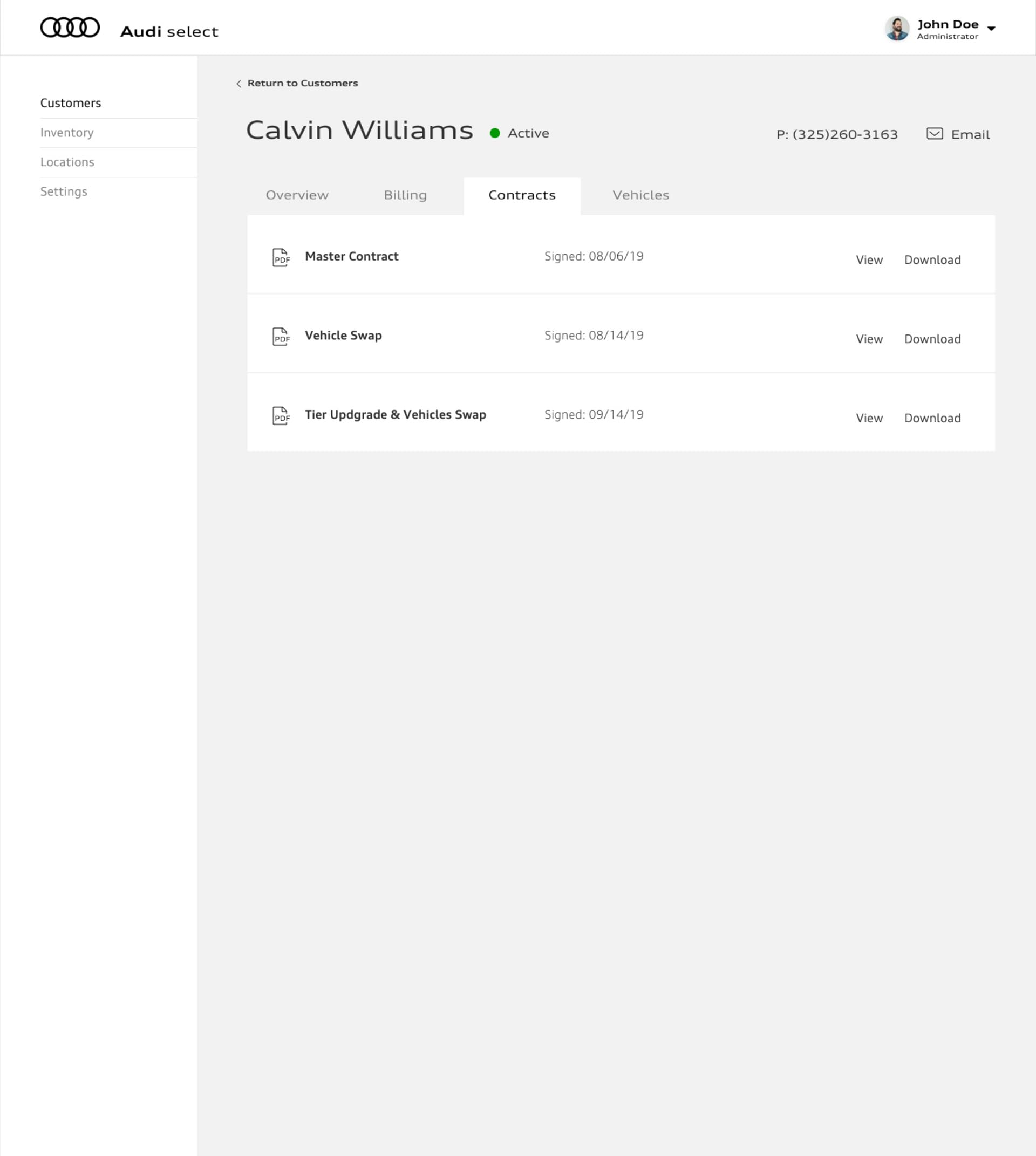 Customer portal, contracts tab with signed subscription documents