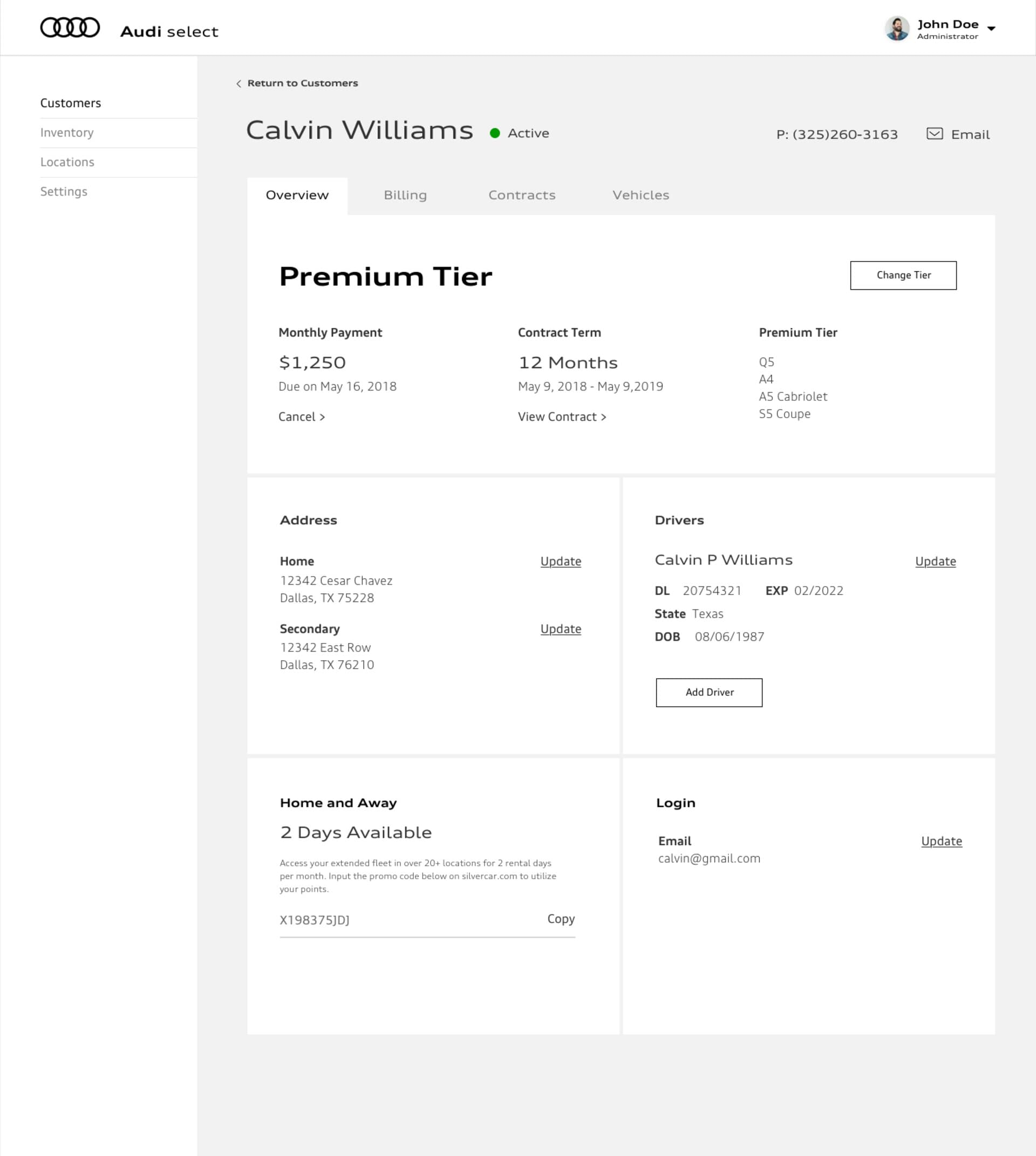 Customer portal, account overview with Premium tier, monthly payment, contract term