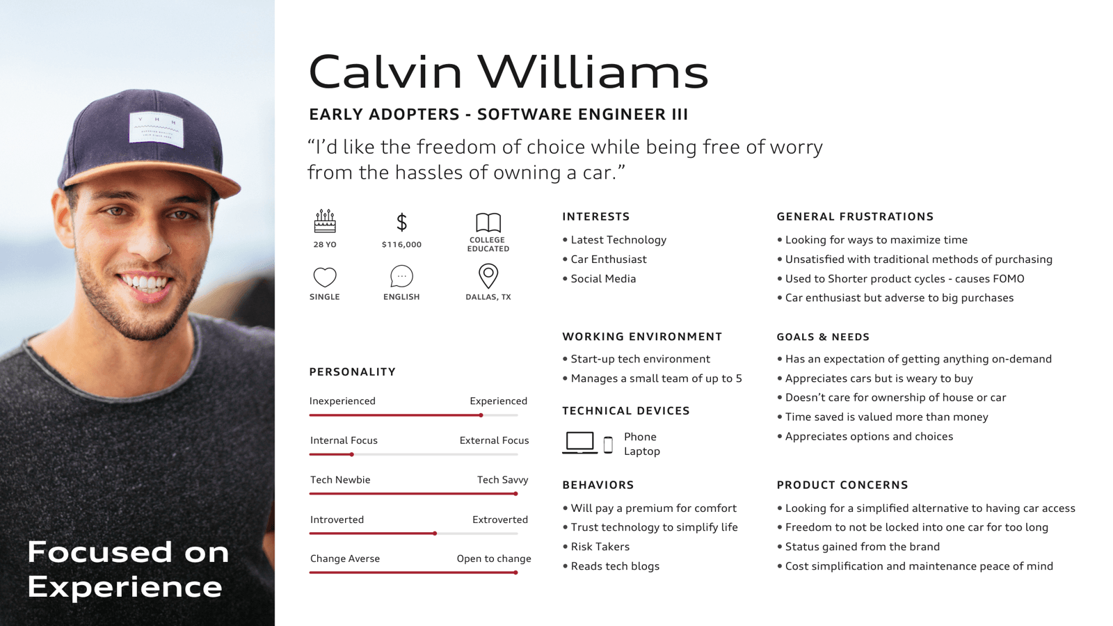 Calvin Williams persona card, Early Tech Adopter, Software Engineer III, 28 years old, $116K salary, Dallas TX. Focused on Experience. Interests: latest technology, car enthusiast, social media. Goals: on-demand access, freedom from ownership