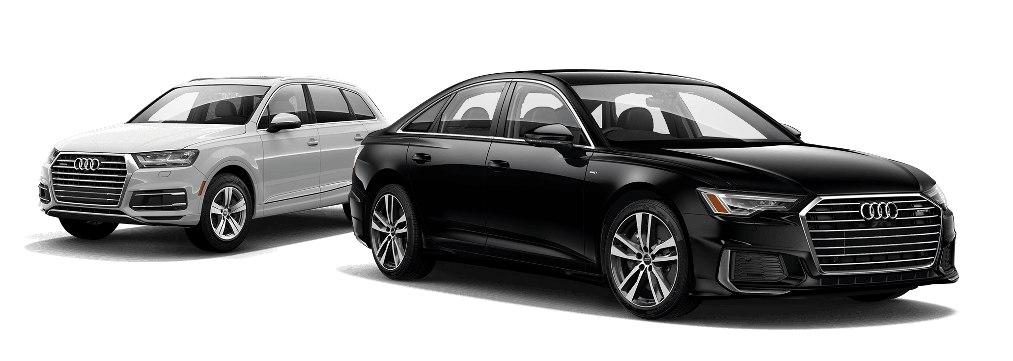 Silver Audi Q7 SUV alongside a black A6 sedan, the Premium Collection vehicles